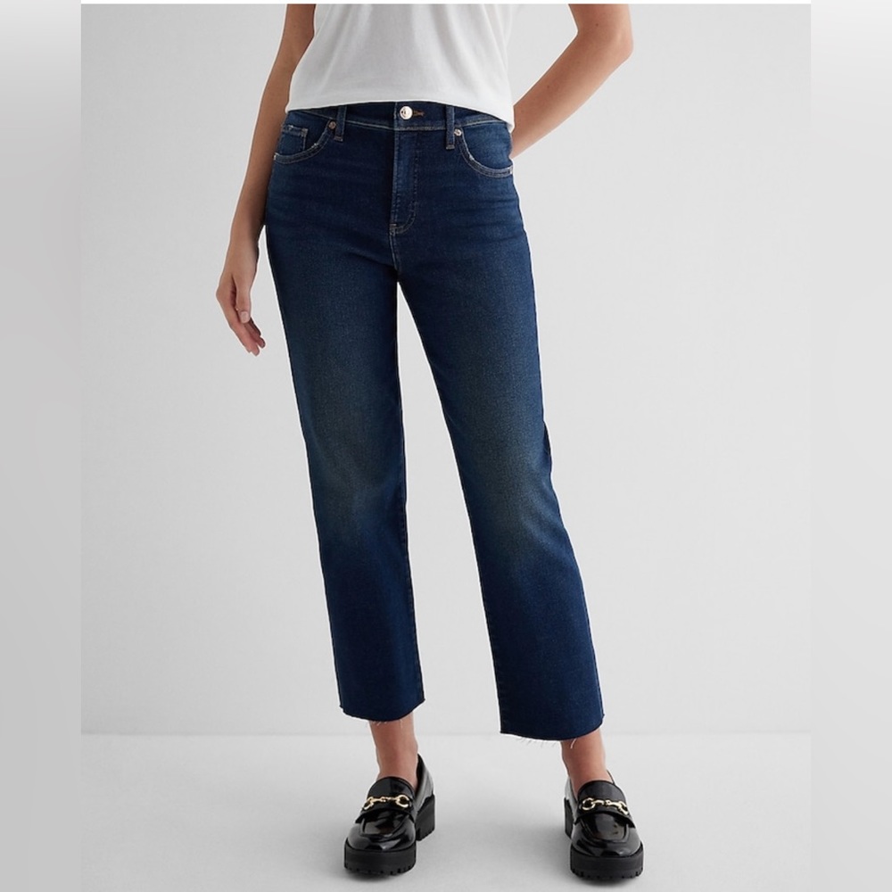 Express | High Waisted Dark Wash Raw Hem Straight Ankle Jeans